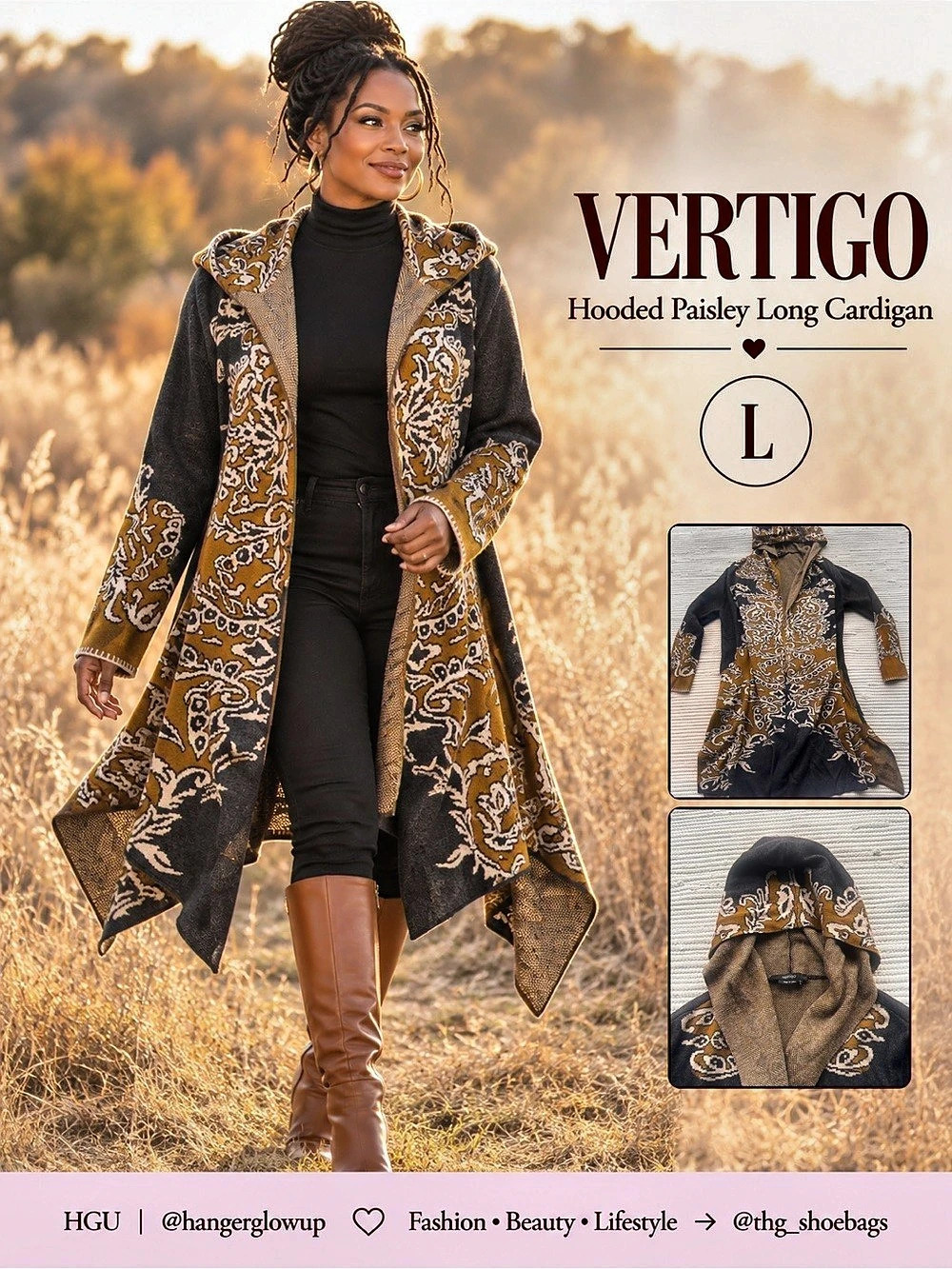 Vertigo Hooded Long Cardigan Paisley Jacquard Charcoal Mustard Asymmetric L